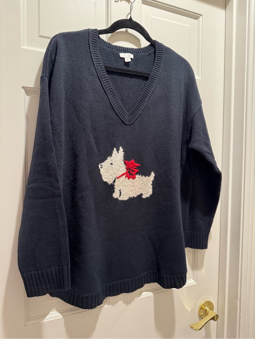 J. Jill Navy V-Neck Sweater with White Dog and Red Bow